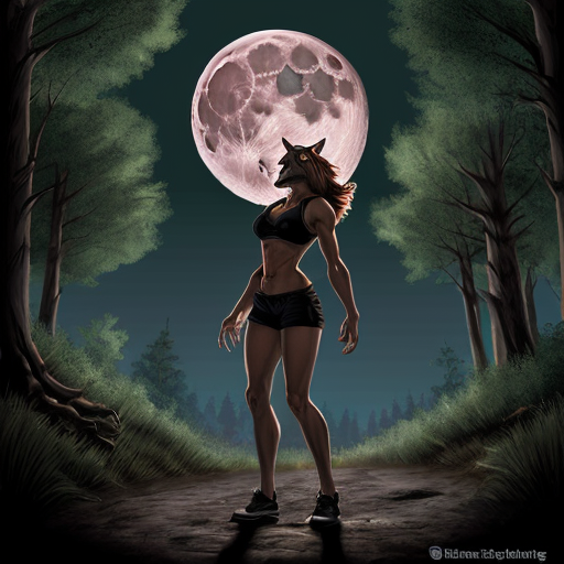 athletic female werewolf shifter. standing in front of the moon. dynamic pose. high quality. in the style of dungeons and dragons. detailed forest background.