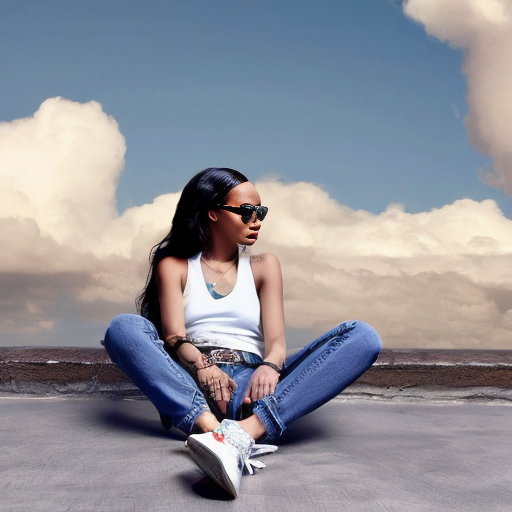 Rihanna orange tanktop belt blue mini jeans purple socks orange and white sneakers on a sitting Cloud in the Sky