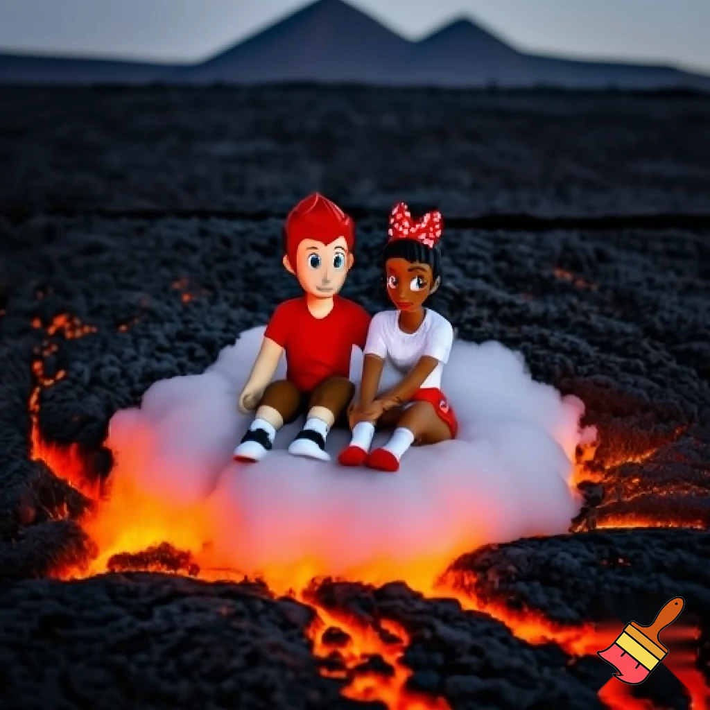 Little Dipper Pines hair red t-shirt brown short pants white socks black and white sneakers and Little Tiana red white dot bow in hair white t-shirt red white dot mini skirt white socks red shoes (the princess and the frog) on a sitting Cloud on a lava "Lava"