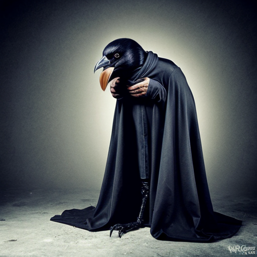 Creepy horror crow with human body covered in cloak with human wrists 
