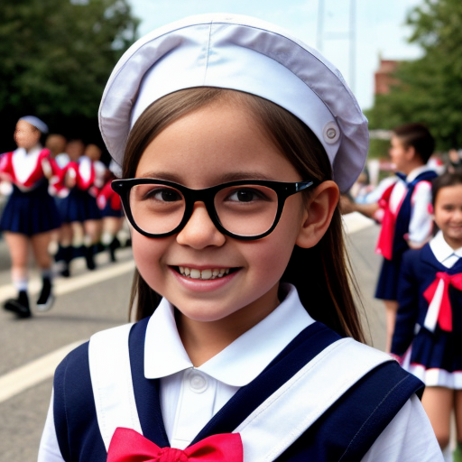 Cute adorable niña Chilindrina glasses con hair lazo con verano sailor uniforme escolar con zapatos negros escolar con calcetines blancos con sombrero sailor con grupal con caminar con desfile Estados Unidos América bandera con ciudad 6