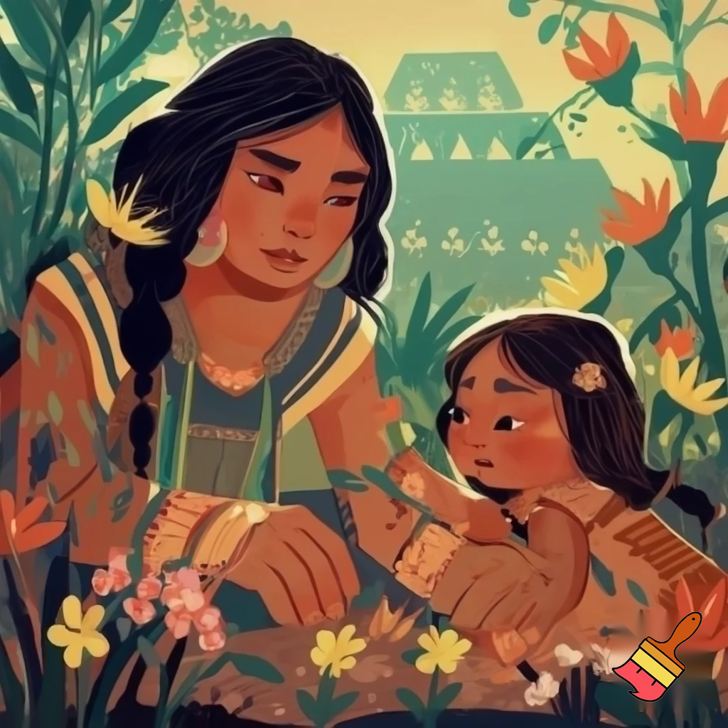 Ancient Aztec mother and nine year old daughter picking flowers
