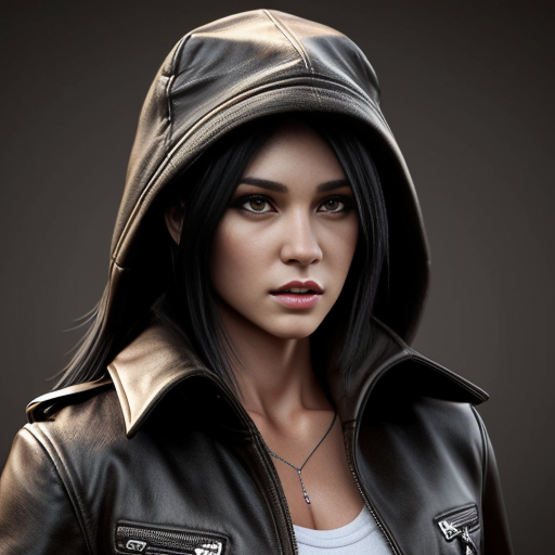 Anthropomorphic female black wolf with long pretty black hair and purple eyes, wearing a brown jacket 