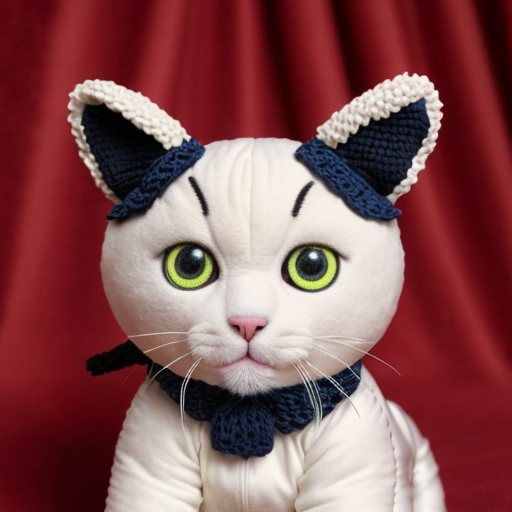 i want white cat plush with Closed embrodiered eyes, yellow horns that have a slight curve at the top, cute bright red anime-style blush, a bright red nose, and closed red wings.