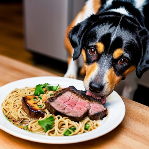 A dog eating a burnt steak with noodles
