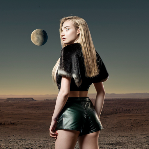Design a desktop wallpaper (1920x1080 resolution) depicting a female warrior in a desolate landscape with a few crumbling walls, a blue-green sky, and two large moons in the background. The woman has a sword strapped to her back, a gray boudoir, an open-fronted fur cloak, and high-cut leather shorts. She has blonde hair, an Athletic build, she is Caucasian, has green eyes, ultra realistic and photographic style.