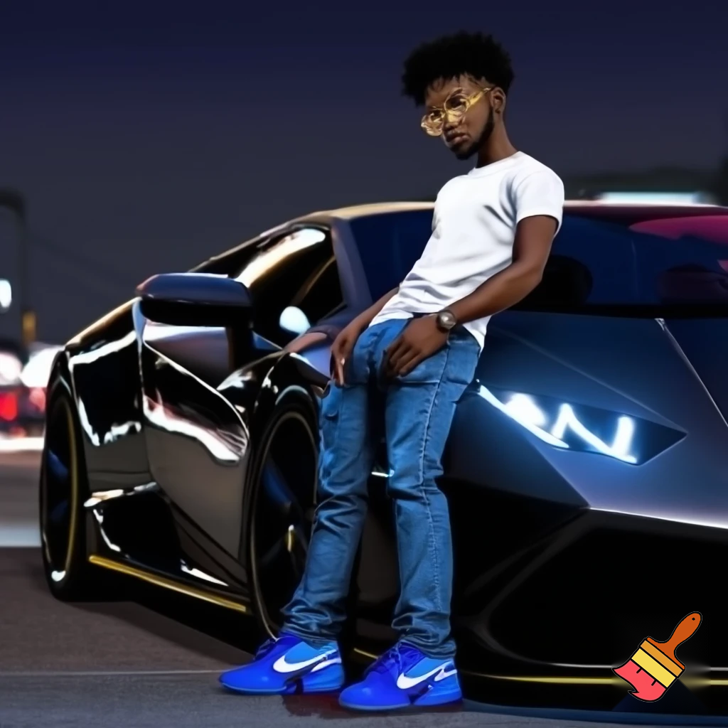 a guy with black short curly hair and with bleu geans on and a white bloes and bleu airmax shoes and he has golden glasses and he is sandingg and leaning ageinst a lamborgini and his hands in his pockets
