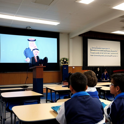 Students watched a recording of the speech delivered at a school assembly in Abu Dhabi.
•	The speaker begins in a calm voice and pauses briefly before the word “future.”
•	When he says “the potential of our youth,” he raises his voice for emphasis.
•	He points toward the students sitting in front of him and smiles.
•	A large screen behind him shows images of rockets launching and students studying in classrooms.
•	The audience begins clapping before the speech ends, and the speaker nods in response.
