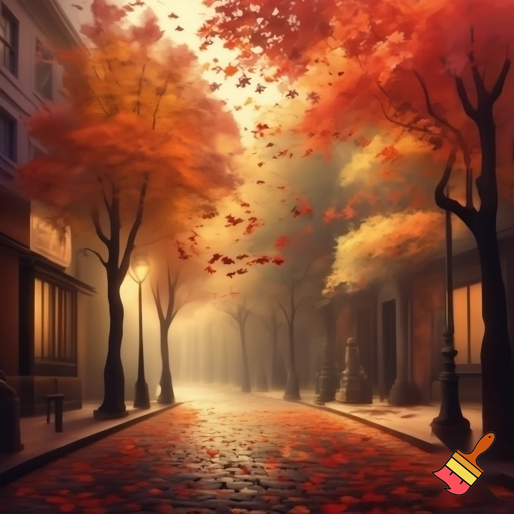 crea una imagen de un paisaje otoñal de una calle de una ciudad