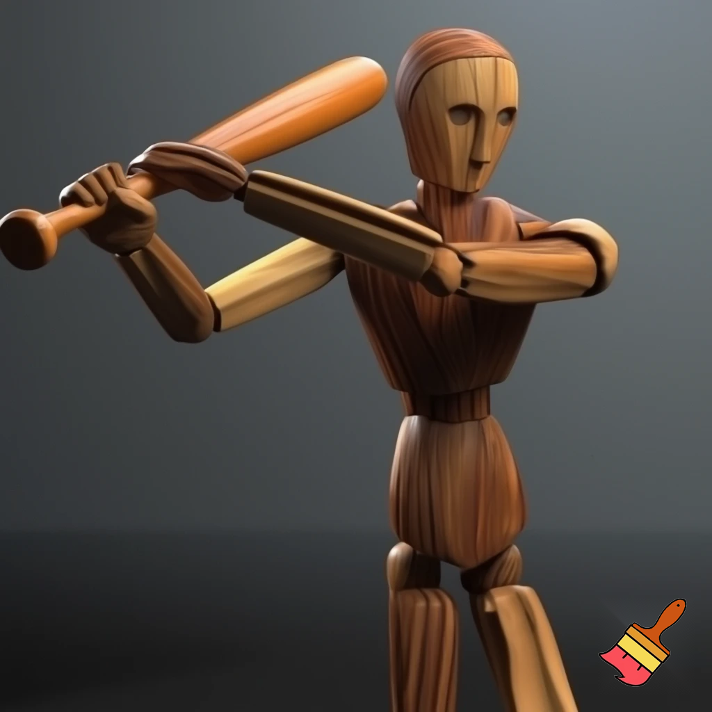 wooden figure with arms and a bat