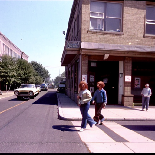 vintage vhs film tape video of a 1970s town with 1970s cars moving in it and 1970s people walking on the side walks