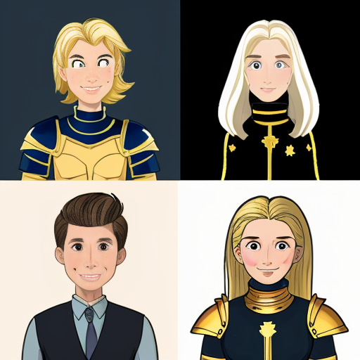 A cartoon image of three Knights. On the left is an older man. In the middle is a girl knight with golden armor. On the right is a man with blonde hair.