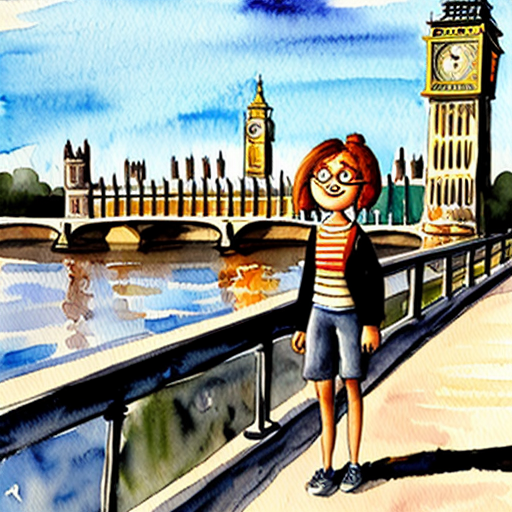 luna loud from the loud house standing on sidewalk of street bridge behind big ben