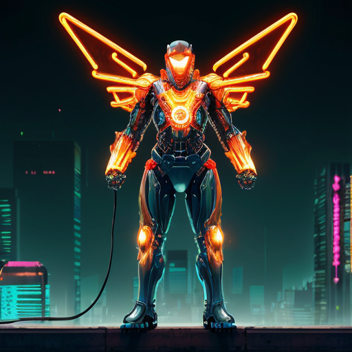 A powerful superhero wearing advanced dragon armor fusion of fantasy and futuristic technology, mechanical wings, glowing chest core reactor, dragon scale metal plating, heroic stance on a futuristic city rooftop at night, neon lights, cinematic atmosphere, volumetric lighting, ultra detailed, concept art, 4k