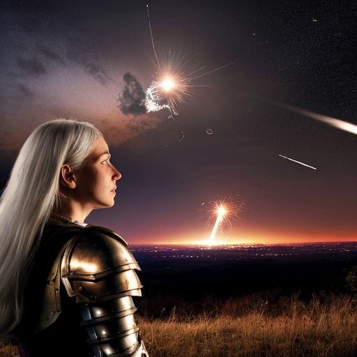 young white-haired woman in armor watches as meteorites fall on her castle