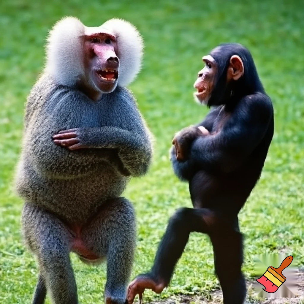 A baboon smiling and standing on his two legs with his arms crossed and looking at a chimpanzee that is standing on his two legs with his arms crossed and smiling