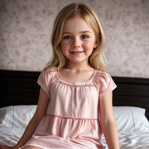 german little girl, blonde hair, nightdress, bedroom background