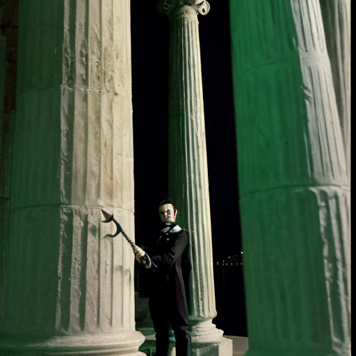 Genera una imagen de una columna griega con de rosas con espinas, las rosas salen desde abajo conforme van subiendo se van degradando hasta perderse en la columna, en la columna quiero que se vea un caballero, en la columna centrado de pie sosteniendo una espada al frente, que el caballero sea parte de la misma columna con el mismo material de la columna, también quiero que los colores sean bioluminiscentes, pero con un estilo gótico, y que haya un gato negro con ojos verdes abajo de la figura del caballero