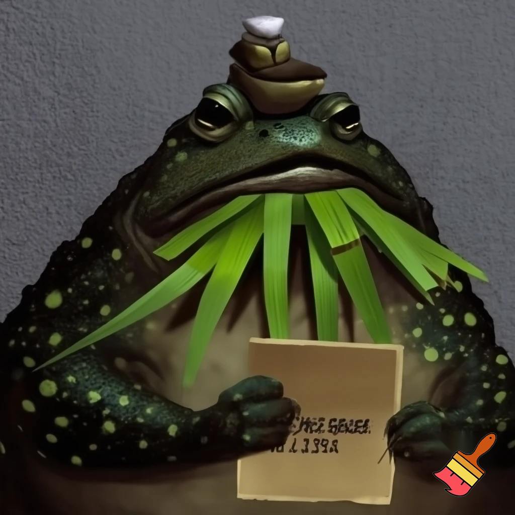 a toad with dark green skin and small little light green glands with a frown smoking sugercane plant with a short tophat in a mughshot  dont make the frog hold the sugercane put it in the toads mouth and make the toad hold a sign saying Cane Toad with the number 659098