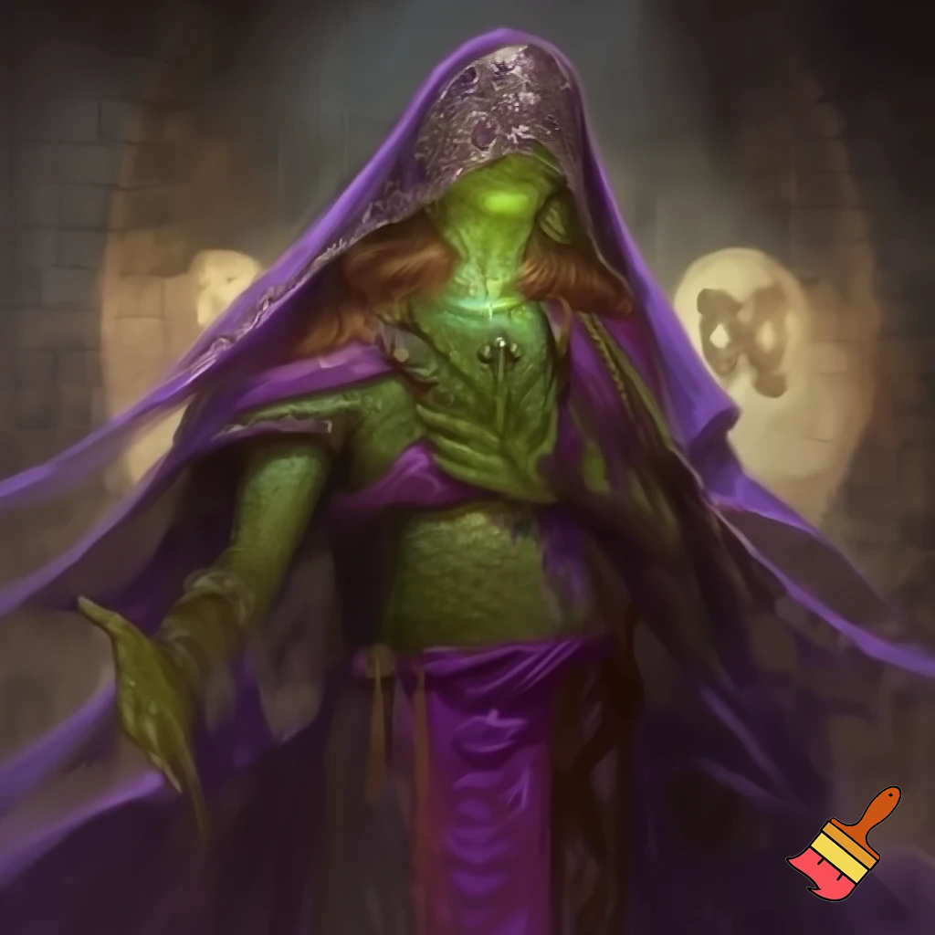 Gorgon shamaness with covered face. Purple clothing. Green skin and scales. High quality. In the style of dungeons and dragons.