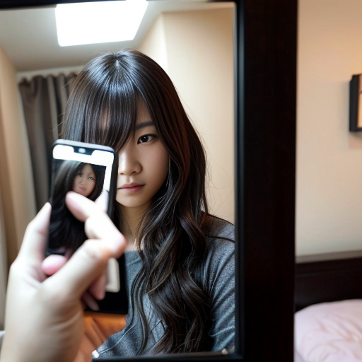  L'immagine mostra una ragazza asiatica  dai capelli scuri e ondulati che scatta un selfie allo specchio in quella che sembra essere una camera da letto. La persona è in piedi, con una mano sollevata tra i capelli e l'altra che tiene lo smartphone per catturare l'immagine.
Sullo sfondo si notano diversi elementi tipici di una stanza vissuta:
Un letto con lenzuola chiare e cuscini di vari colori.
Alcuni oggetti personali sparsi, tra cui capi di abbigliamento rossi e blu.
Una bottiglia d'acqua sul pavimento accanto alla struttura del letto
Nell'immagine si possono notare diversi elementi di abbigliamento e tessuti sparsi nella stanza:
Sullo sfondo, a sinistra, ci sono dei cuscini e delle lenzuola colorate sul letto.
A destra, appoggiati su una superficie, sono visibili dei capi di abbigliamento dai colori vivaci, in particolare un indumento di colore rosso acceso e uno blu.
In primo piano, la persona nell'immagine non indossa vestiti, ma sono presenti delle barre nere di censura sovrapposte alla foto