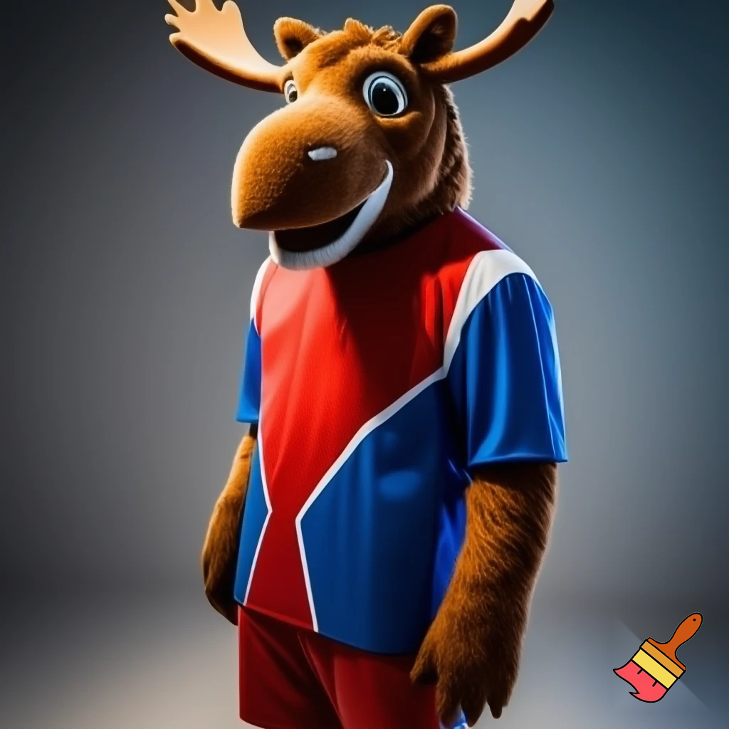 moose mascot
 wearing red and blue