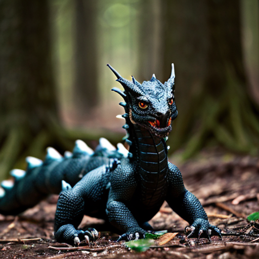 baby black dragon with white eyes in the forest
