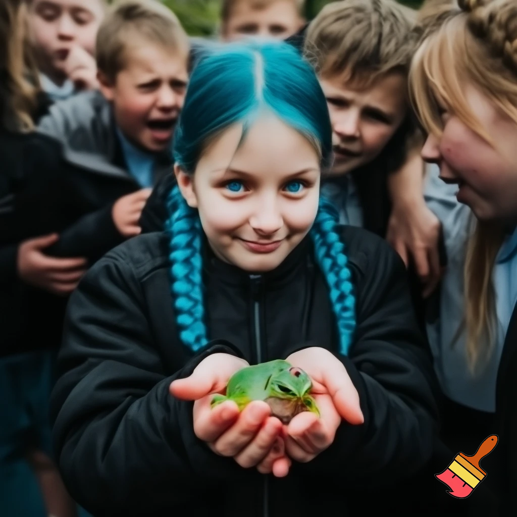 girl with blue braid and has a black jacket with blue eyes
with smile holding a frog all the people was scared of a frog the girl got bulliyed with boys and girls