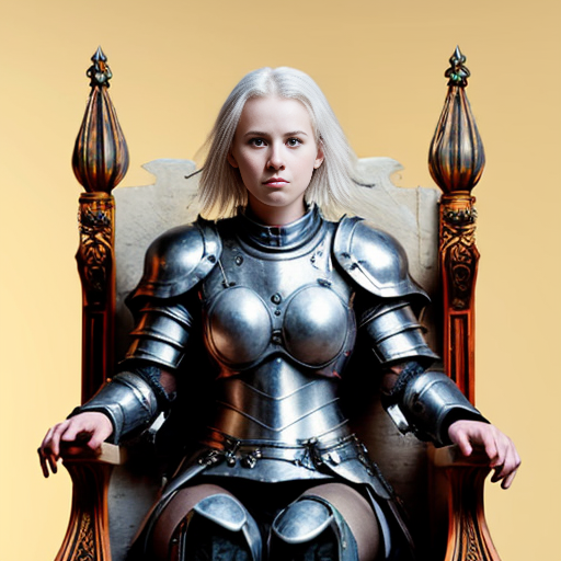 young tall white-haired woman in armor sits on a throne