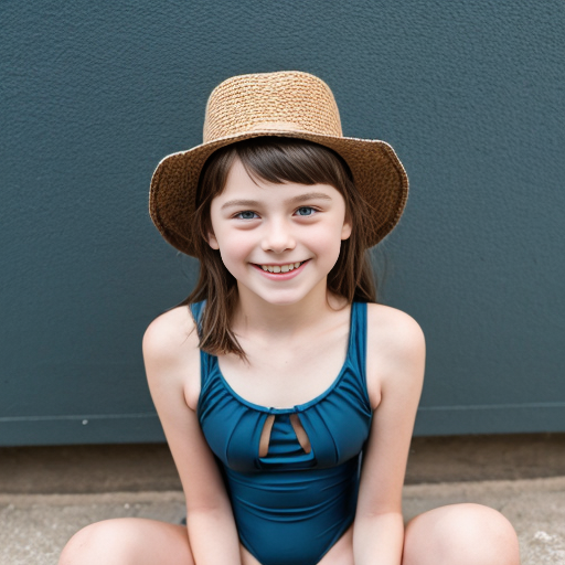 Una ragazza di 11 anni bella con capelli a caschetto lisci di color castano lunghi fino al collo, indossa un costume da bagno di colore azzurro. La ragazza è seduta a terra, ed è appoggiata con la schiena su un muro con le ginocchia piegate e le braccia appoggiate sulle gambe. La ragazza guarda la telecamera con sguardo sereno e felice. Telecamera vista frontale. Immagine di alta qualità. Risoluzione 4K.

