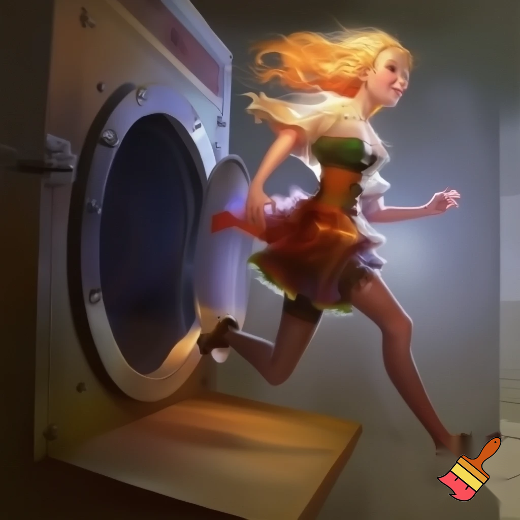 Una donna giovane e bionda che corre in costume sul bagnasciuga