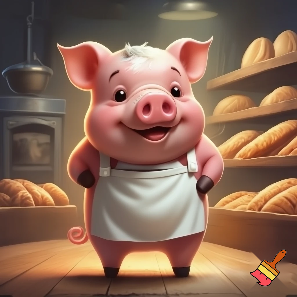 create a picture of a pig that has a white apron and a curly tail, cartoon style. He is a baker.