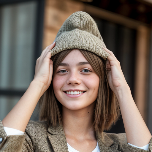 A young, light-skinned woman is positioned in the center of the frame, smiling broadly with her head tilted slightly. She appears to be in her early twenties. Her short, choppy hair is red-brown color. She's wearing a light olive blazer over a white t-shirt. The woman has a slender build.
er skin is heavily speckled with numerous, small freckles, a prominent feature that covers her face, including the forehead, cheeks, nose, and chin. The environment has a casual, bright feel. The perspective is at eye-level. The composition is well-balanced, emphasizing the subject's cheerful expression. The lighting is soft, highlighting the colors of her clothing and hair. The style is contemporary and youthful.