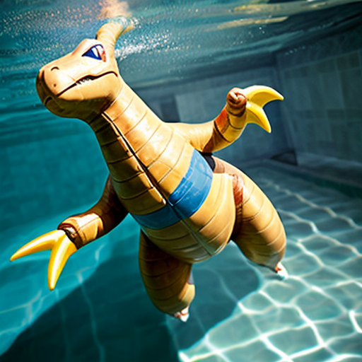 A dragonite wearing a tight blue speedo, swimming in a pool