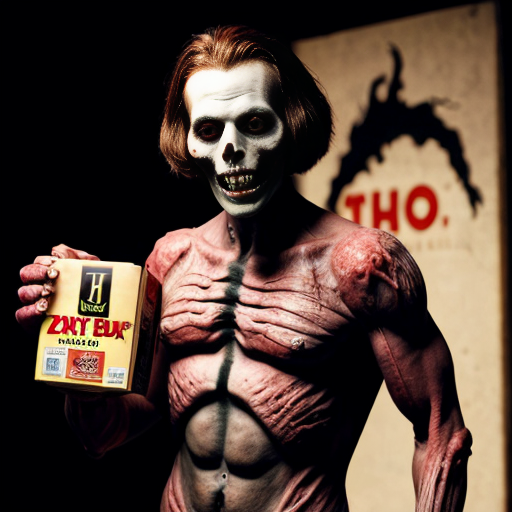 A zombie voodoo creature holding a large jack in the box that is a torso, arms and head. It is a jester