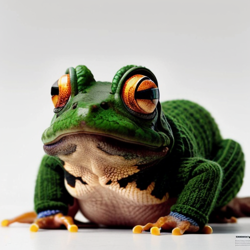 A laughable, puzzled animal toad in woolen, multicoloured winter clothings with woolen winter cap. Hyperrealistic art style.