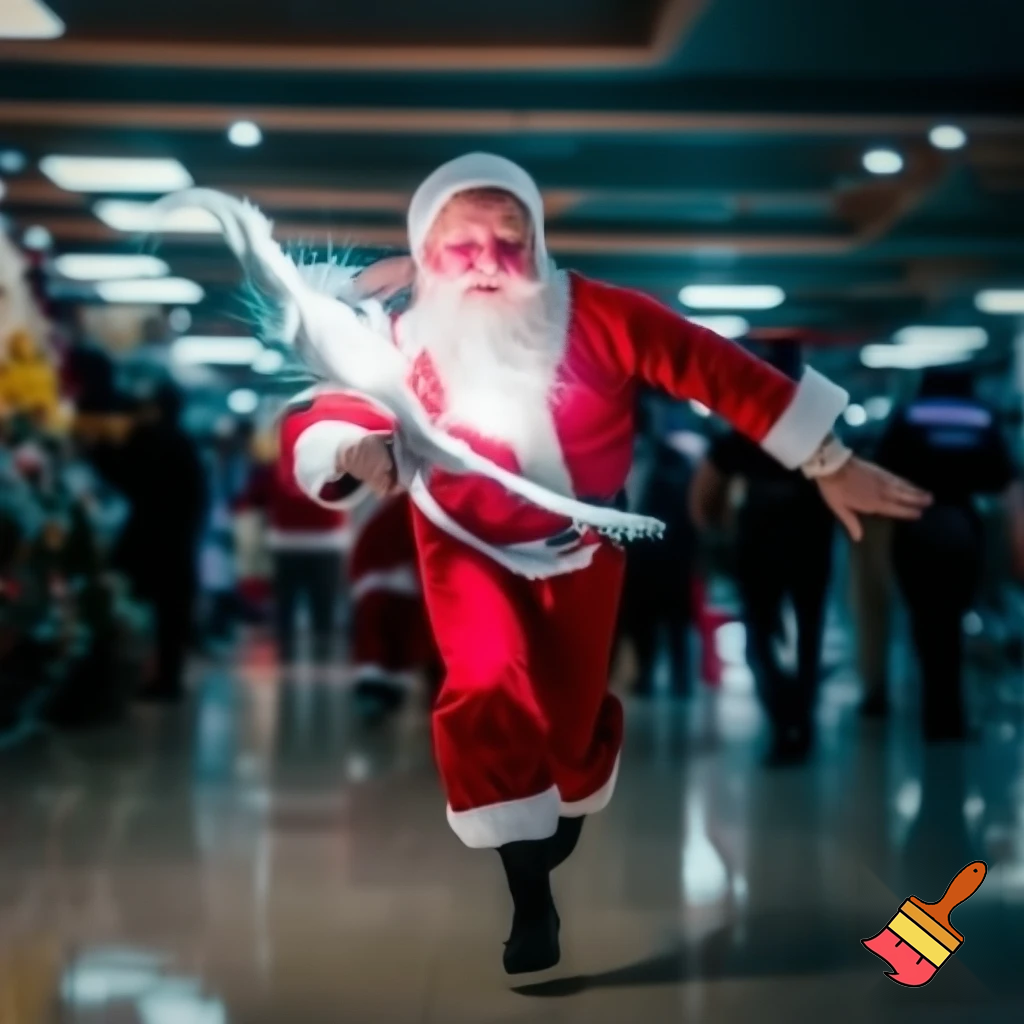 Santa Claus running with the walking stick running with his magic walking stick walking in the shopping centre with the walking stick magic staff walking stick affectation the police are on the way the police elf on the shelf