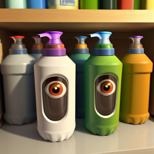 Pixar-style 3D render of a detergent bottle.

Eyes: stern and tired

Eyebrows: flat, unimpressed

Mouth: tight line

Arms: cap arms on hips

Scene: laundry shelf, clean Pixar lighting