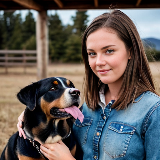 una ragazza con i capelli mossi e marroni e gli occhi azzurri vicino a un cane bovaro del bernese. vestiti techno .sopra la foto scrivi giulia e rock