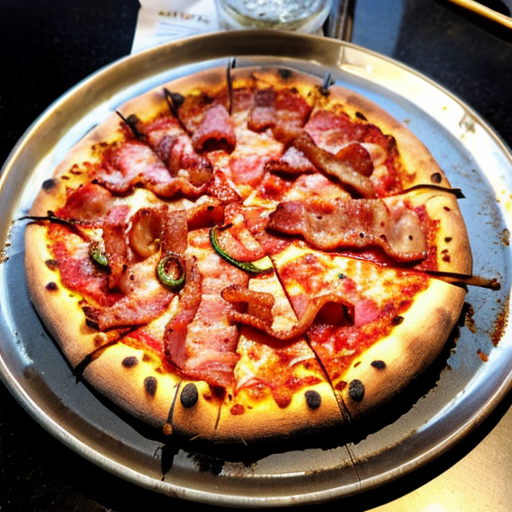 a tasty pizza with bacon on top and fresh cooked peaces of stake on it and tasty peperonis on it and macroni too