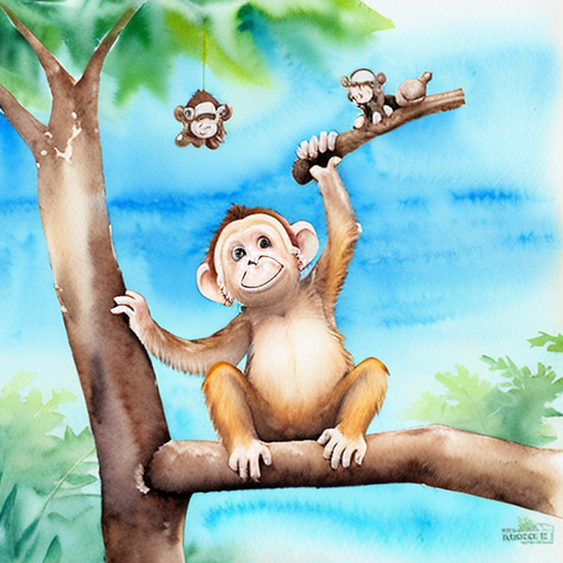 “Small monkey stuck on a tree branch, baby elephant looking up, watercolor children’s book style”