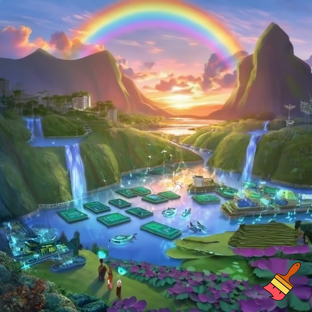 A stunning vision of Hawaii in 2050, where technology and nature exist in harmony. At sunset, a lush valley of emerald mountains, waterfalls, and glowing rivers reflects golden pink light. Traditional canoes glide past floating solar gardens shaped like lily pads, while eco-friendly homes with green rooftops and flower-like wind turbines blend into the hills. Children of diverse backgrounds walk through vibrant taro fields, symbolizing hope and unity, under a radiant rainbow of renewal. The scene radiates a bright, happy scene filled with eye catching colors. All around there are glowing blue flowers and green glowing spots in the water that creates a beautiful scenery