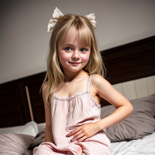 swedish blonde little girl at night dress, chubby, very beautiful, on the bedroom, close up