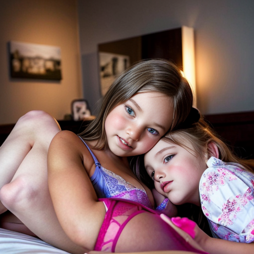 Genera la imagen real de doa niñas rubias de 8 años vestidas con lenceria, en la cama con su padre besandose