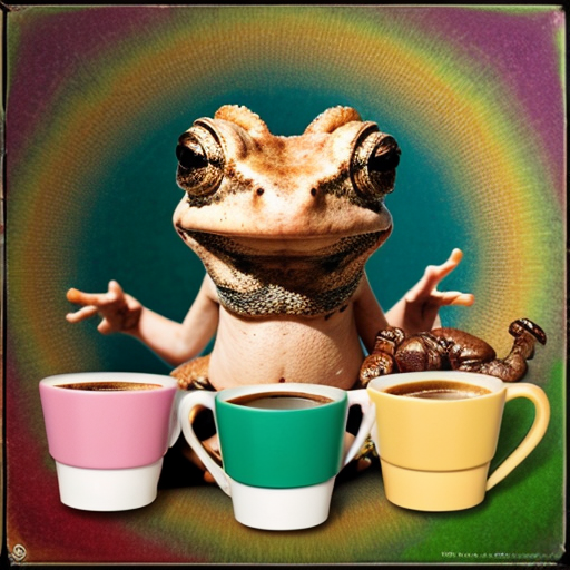 A hillarious, funny boho toad with some hippie colored coffee cups. Psychedelic decorated background.