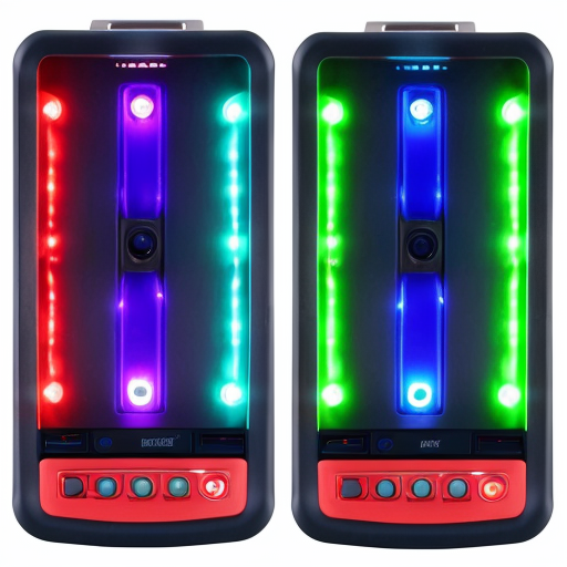 GL918 jump starter and air compressor, streamlined wedge profile (lower front, higher back). Two parallel horizontal ice-blue LED strips on front. Upper strip: above are dual LCD screens side by side. Lower strip: below are five flush touch buttons. Type-C cable in bottom curved recess. Matte dark grey with polished edge chamfers. No handle. Studio shot, dark background, two blue horizontal lines, 8K, --ar 16:9 --v 6.1