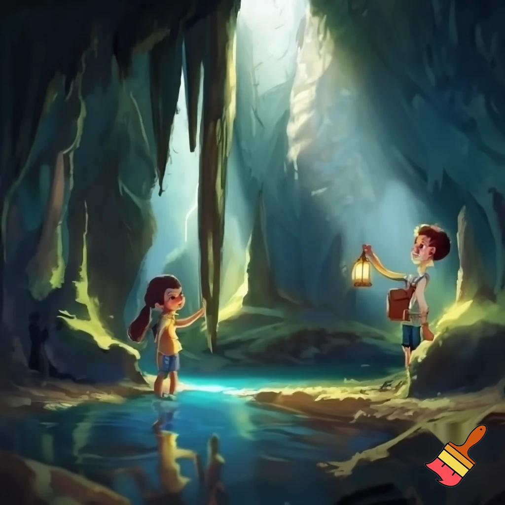 Girl and boy in cave with water
