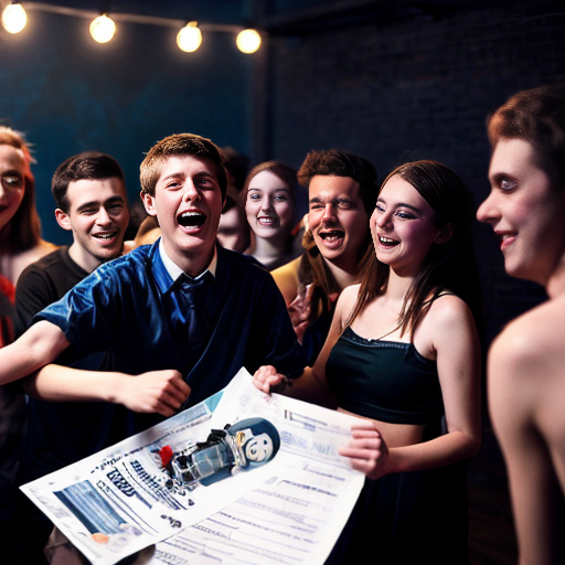 the graduate party with a big group of college students mingles in a group of robots with "AI' name on the body. all of them dance together in the party, cheerfully. under the lights of party with old exam papers everywhere