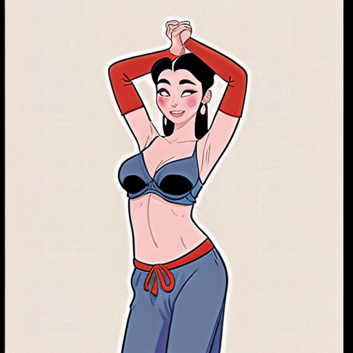 90's disney's 2d aladdin style comic dark blue background and panels of panel 1 Pocahontas barefoot with brown harem pants and bra with both hand palms place together and hiding the bottom of her mouth with a brown veil wrapped around her arms and attached to her head. 
panel 2 she danced with brown harem pants barefoot with brown bra and brown veil wrapped around her arms and shoulders and raising legs and 
panel 3 Pocahontas barefoot with brown harem pants and bra just bounced up and down her belly  and shook her hips left and right. 
panel 4 as Pocahontas barefoot with brown harem pants and bra spreading her arms, happily revealing her face to the viewer and giving a smile as she turns around shook her butt left and right. 
Panel 5 Pocahontas barefoot with brown harem pants and bra started to fading away , except her belly, which is bouncing around. 
Panel 6 then the ball transforms into the fading in belly of mulan  with red harem pants and red bra and red curved slippers with a  red veil wrapped around her arms and shoulders with her swaying her hips. 
Panel 7 mulan with red harem pants, red bra and red curved slippers and with a red veil wrapped around her arms and shoulders and with her hand palms place together between her chest and she gives a smile and winking her left eye. 