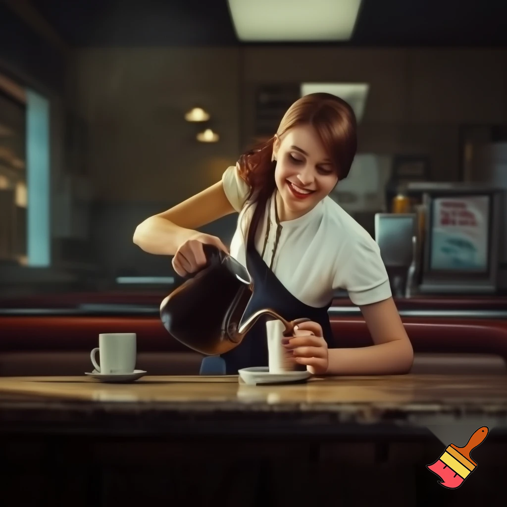 A small roadside diner. A beautiful waitress leans over to pour coffee into a customer's cup at a table. The waitress smiles. Photorealistic. 9x16